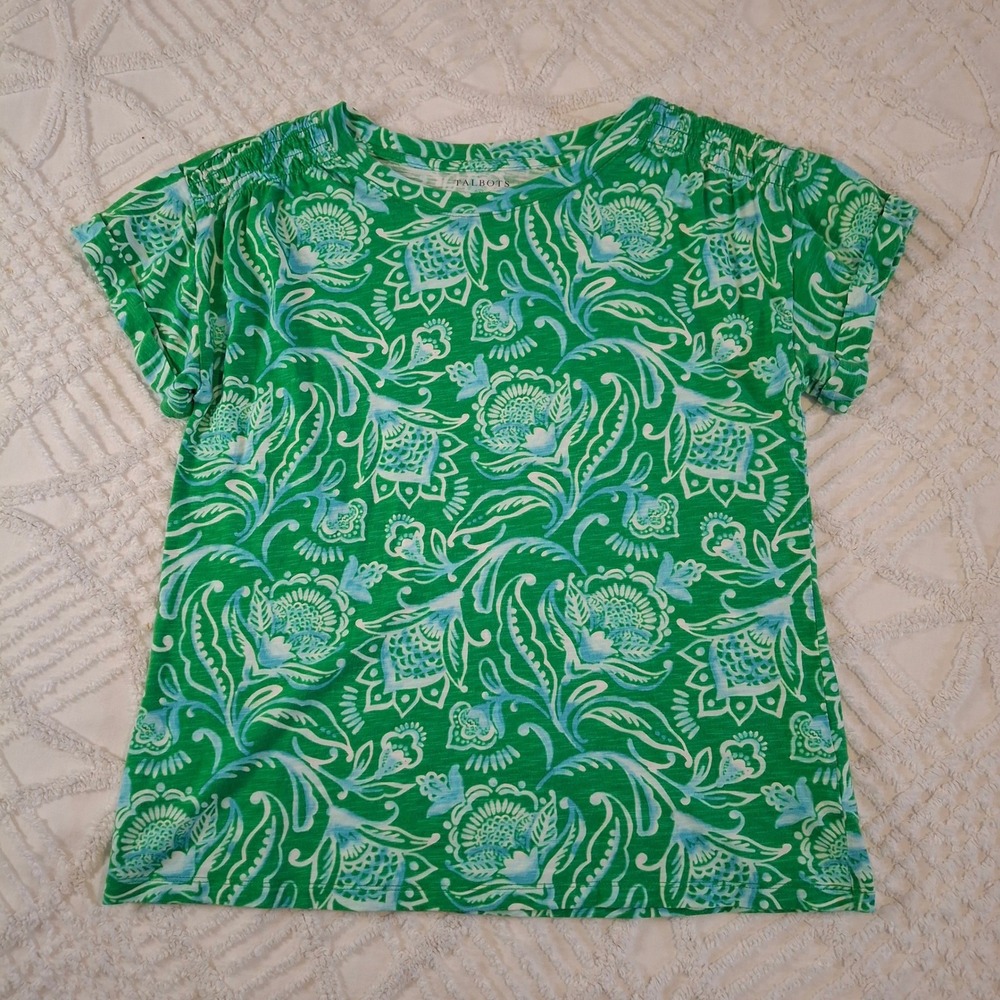 Talbots Womens Medium T-Shirt Green Paisley Floral Cotton Modal Short Sleeve Top
